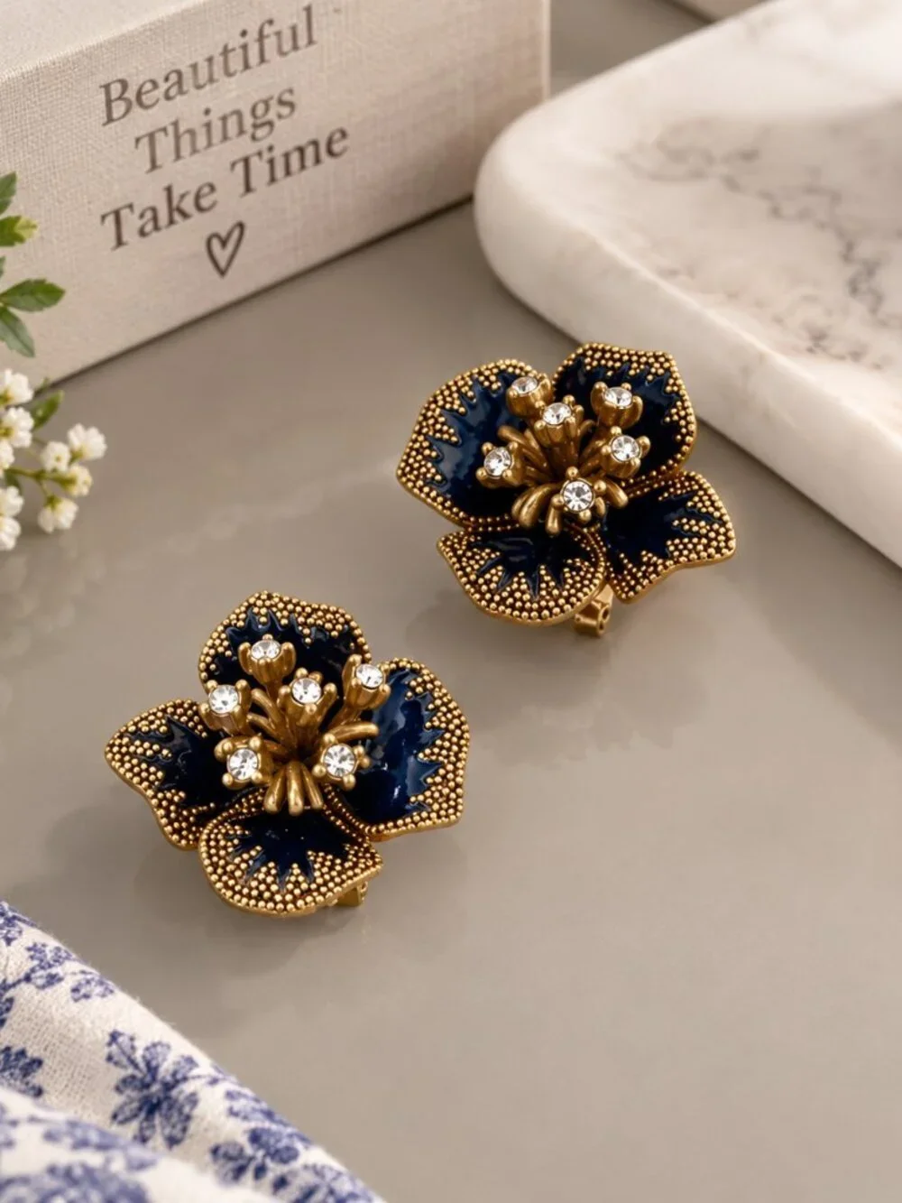 Artisan Gold & Blue Floral Statement Earrings 1.18” NWT